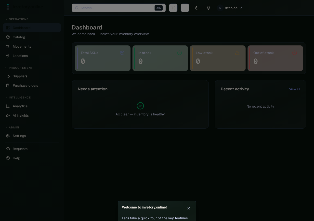 invetory.online dashboard showing inventory metrics, stock levels chart, and recent activity